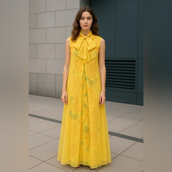 Vintage 1960s Alice Polynesian Chiffon Maxi Dress Hawaiian Yellow Floral Muumuu - Picture 1 of 16